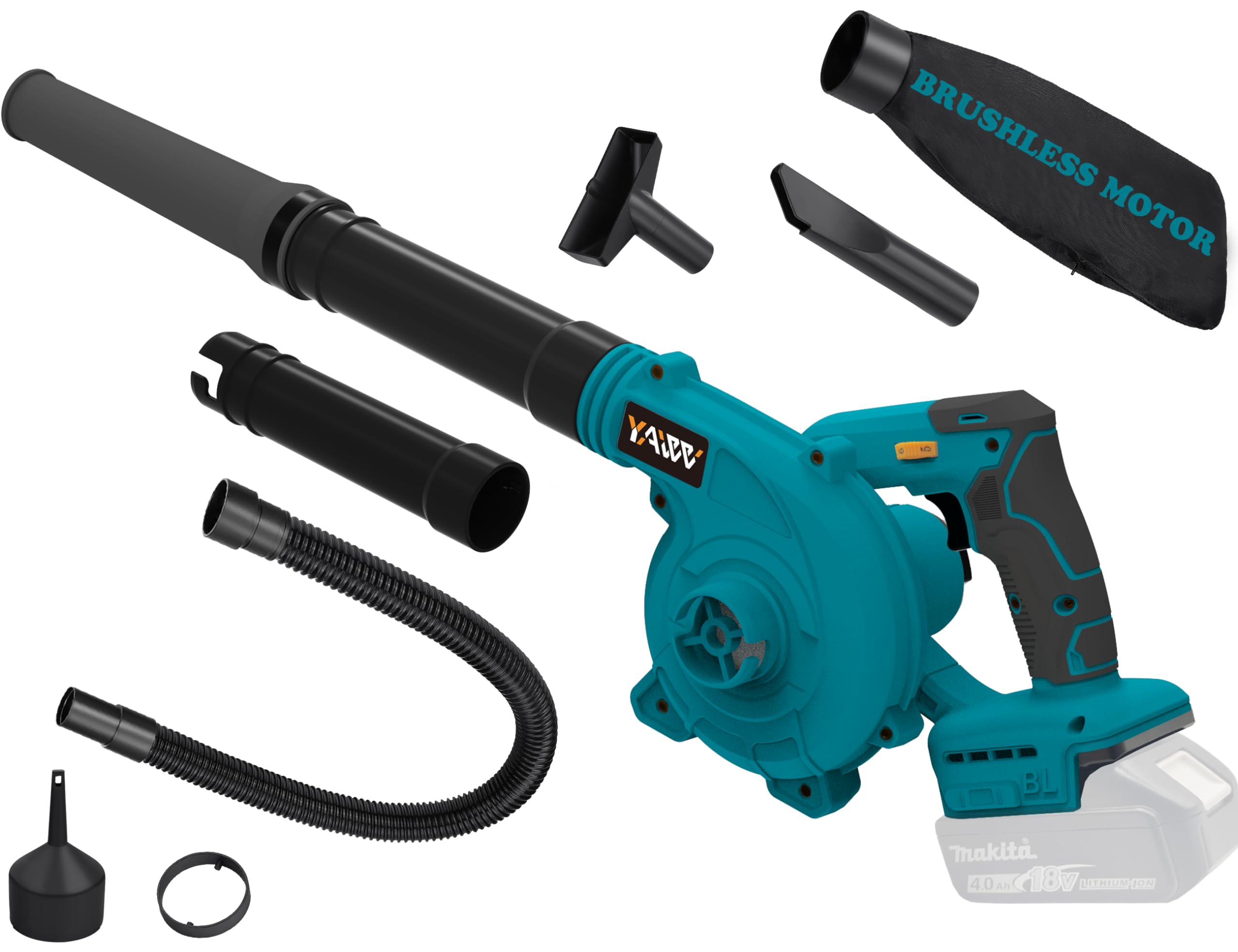 YAWV cordless blower image highlighting Makita 18V compatibility for yard cleanup.