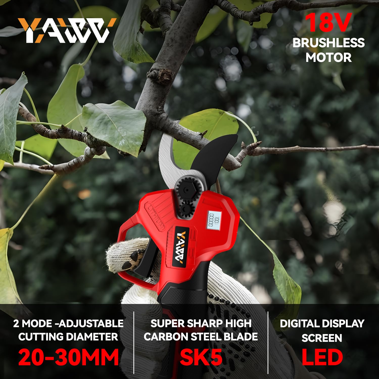 YAWV pruning shears LCD display provides at-a-glance status while pruning.