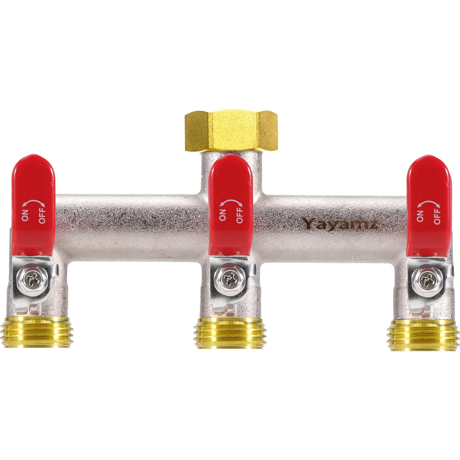 Yayamz 3-way garden hose splitter in view of brass body and spouts for versatile watering.
