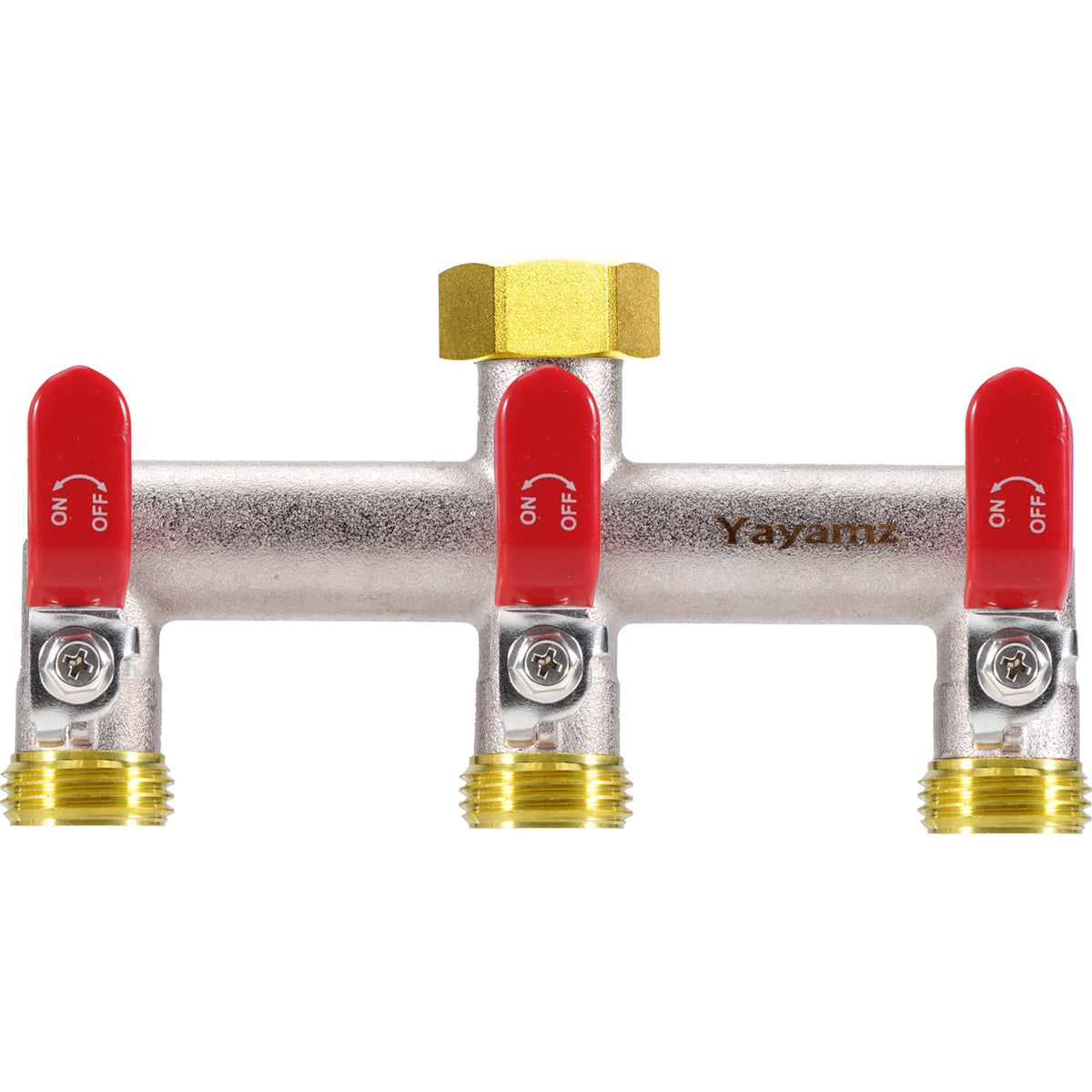 Yayamz 3-way garden hose splitter in view of brass body and spouts for versatile watering.
