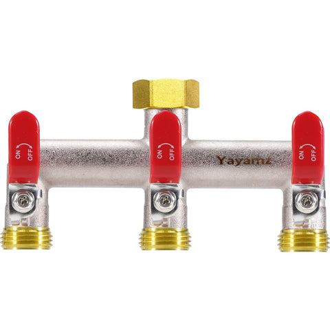 Yayamz 3-way garden hose splitter in view of brass body and spouts for versatile watering.