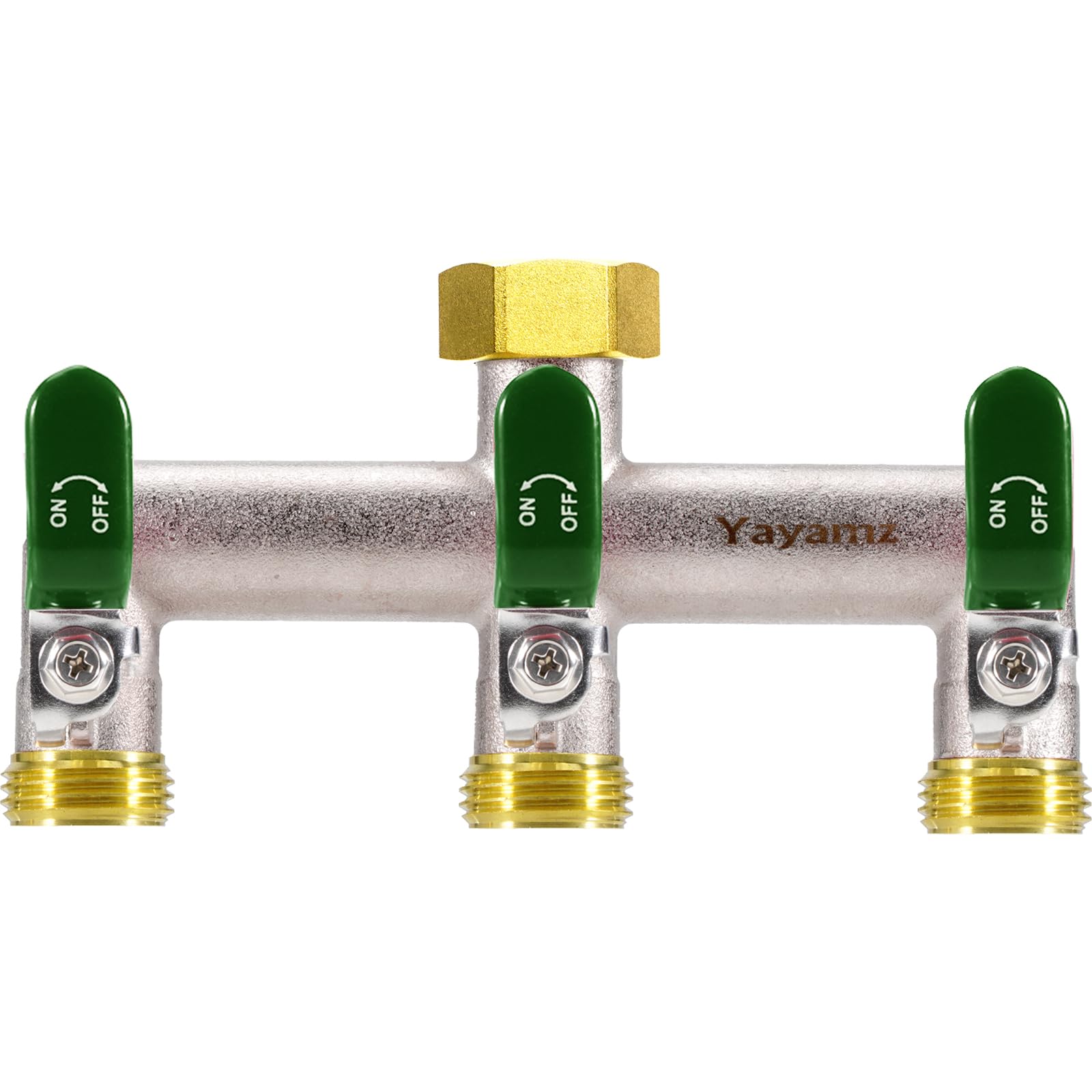 Yayamz 3Way garden hose splitter showing three outlets for simultaneous watering.