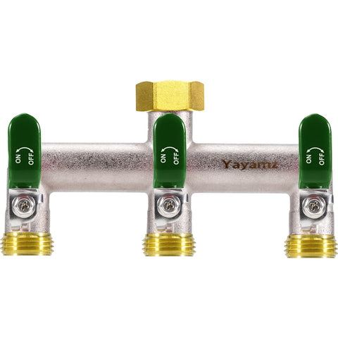 Yayamz 3Way garden hose splitter showing three outlets for simultaneous watering.