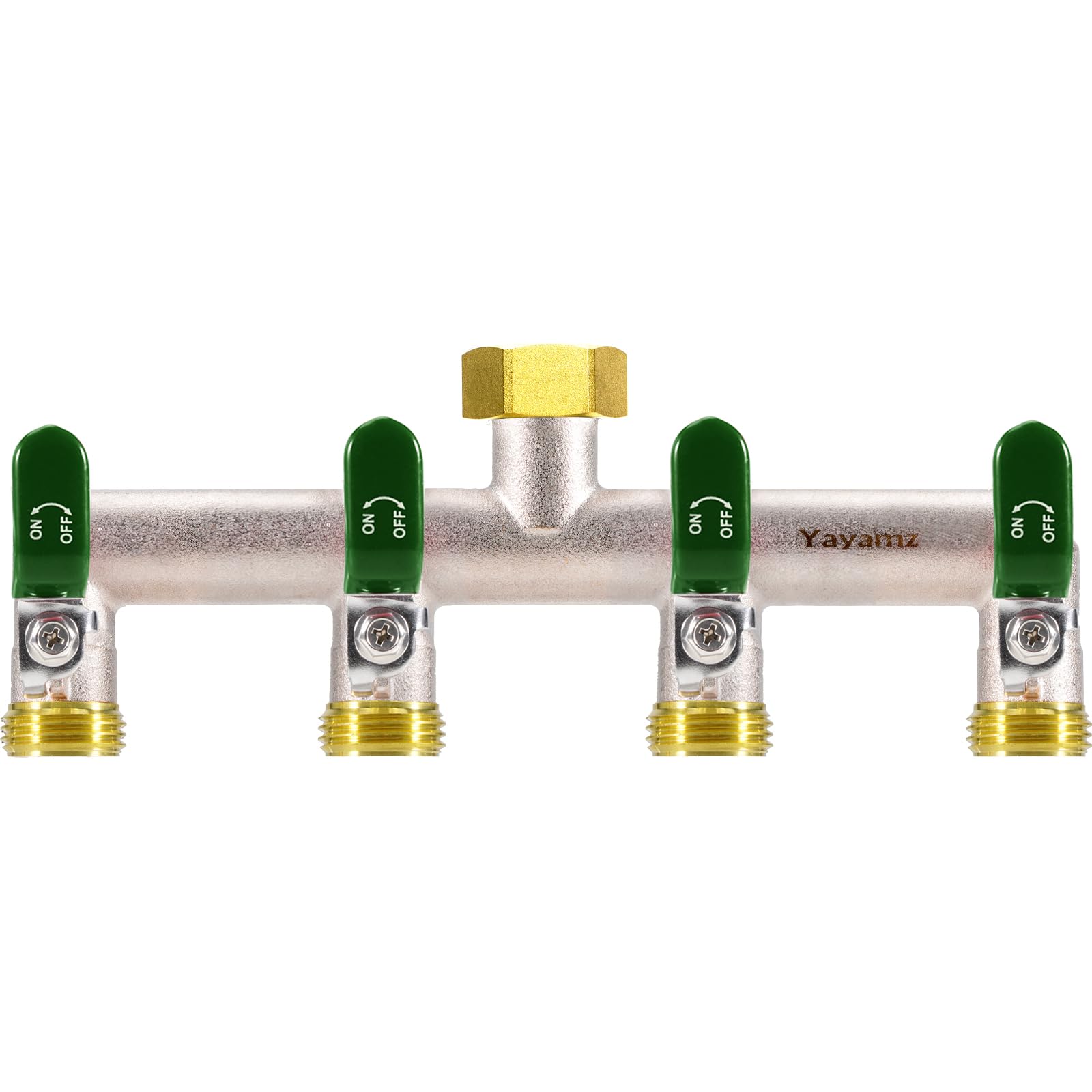 Yayamz 4-way hose splitter shows brass nickel finish for durability outdoors.