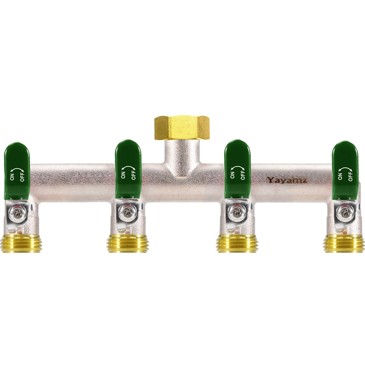 Yayamz 4-way hose splitter shows brass nickel finish for durability outdoors.