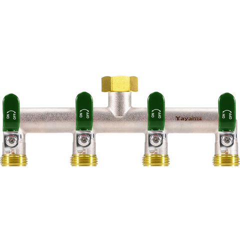 Yayamz 4-way hose splitter shows brass nickel finish for durability outdoors.