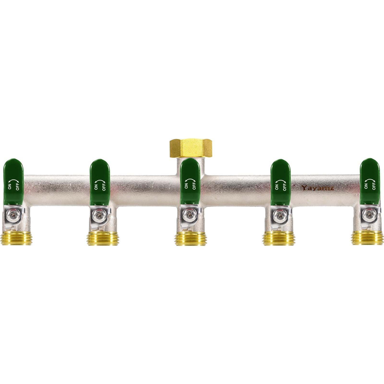 Yayamz five-way splitter with a rubber-coated handle for easy watering tasks.