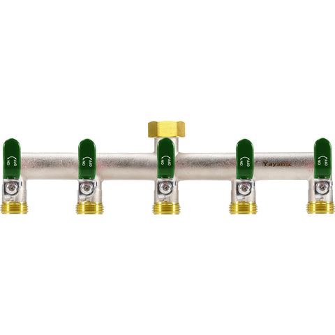 Yayamz five-way splitter with a rubber-coated handle for easy watering tasks.