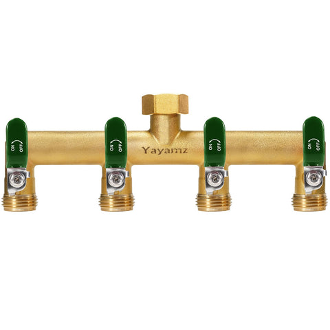 Yayamz brass 4-way hose splitter for durable outdoor watering.