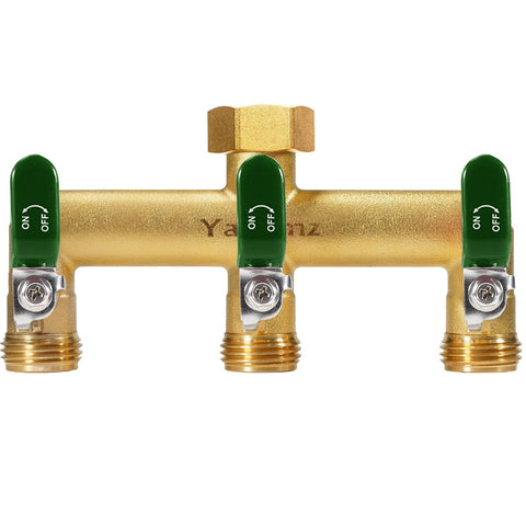 Yayamz brass garden hose splitter with three outlets for simultaneous watering.