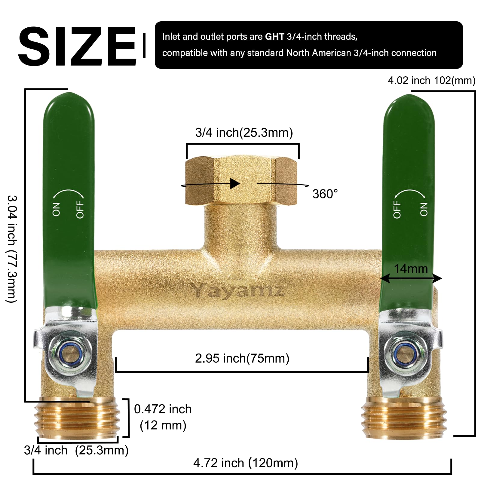 Yayamz brass hose adapter with rubber-coated handle for easy grip