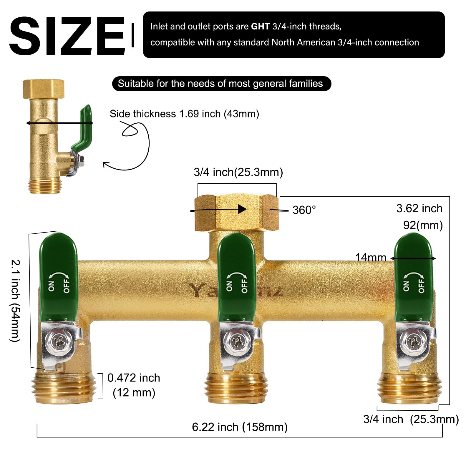 Yayamz brass hose splitter showing 1.77-inch spout spacing for timers.