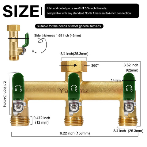 Yayamz brass hose splitter showing 1.77-inch spout spacing for timers.