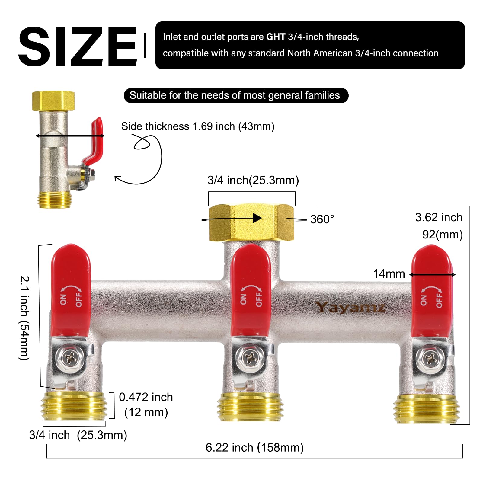 Yayamz brass nickel plated hose splitter showing durable outdoor build.