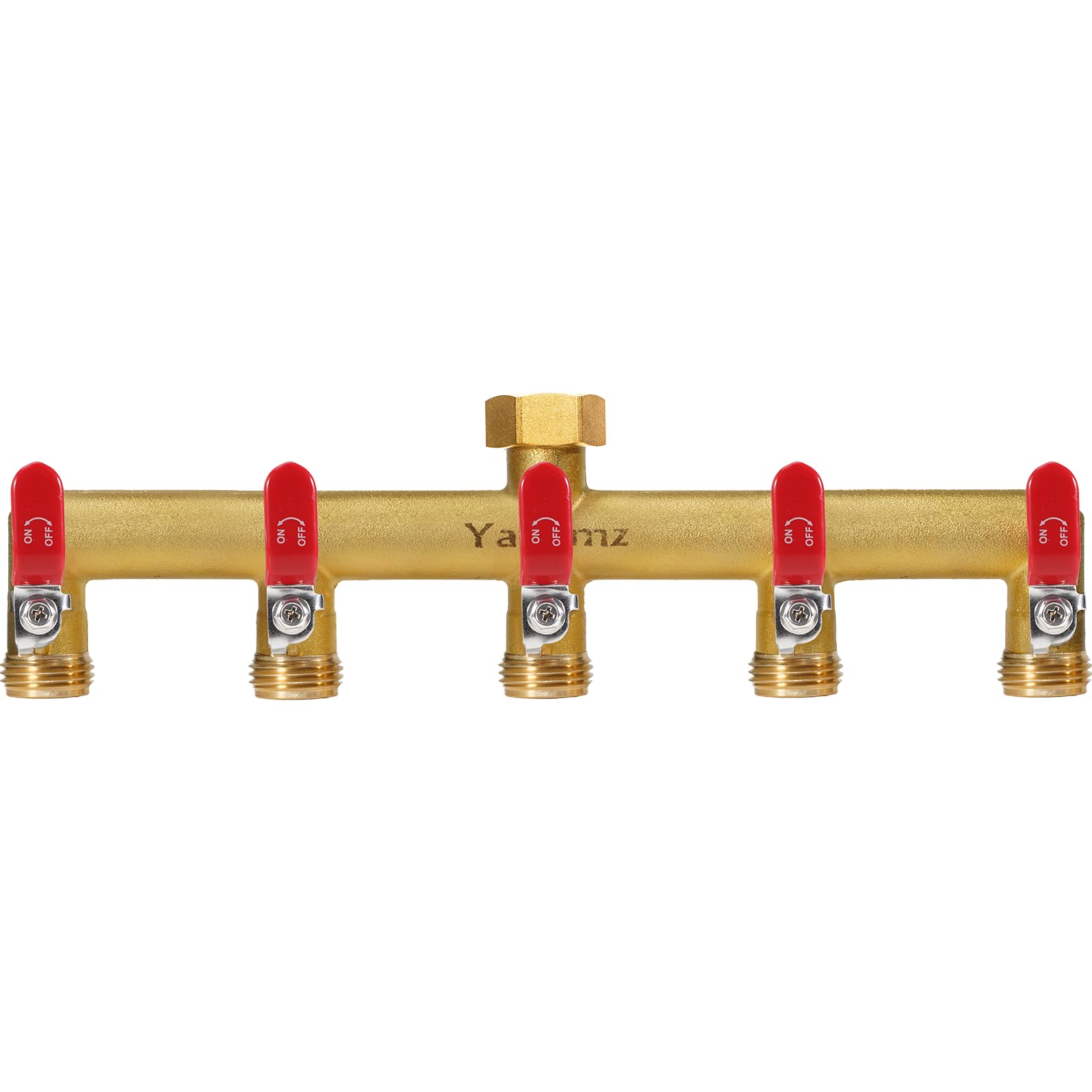 Yayamz garden hose splitter with a 5-way brass valve for versatile, multi-zone irrigation.