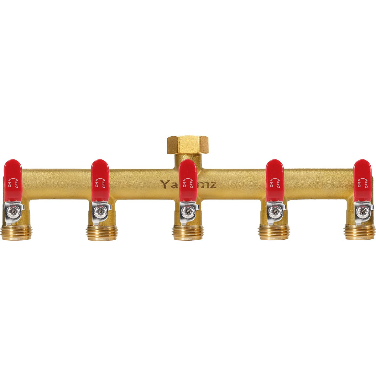 Yayamz garden hose splitter with a 5-way brass valve for versatile, multi-zone irrigation.