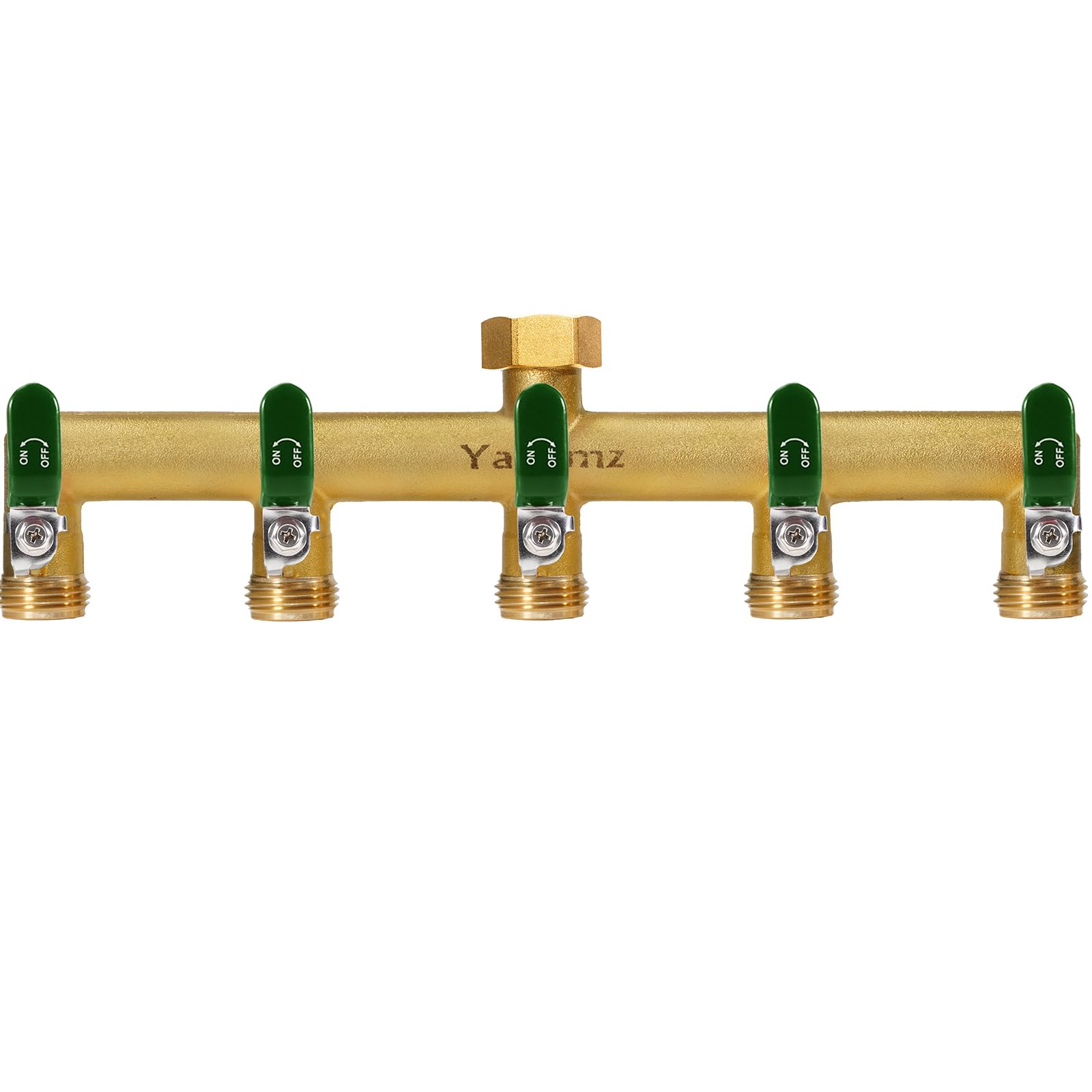 Yayamz 5-way brass diverter for multiple hose connections in the garden.