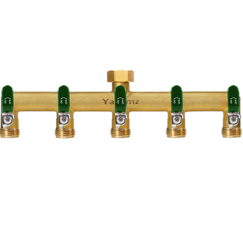Yayamz 5-way brass diverter for multiple hose connections in the garden.