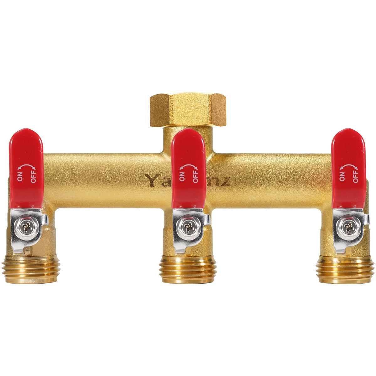 Yayamz garden hose splitter brass assembly showing rugged outdoor durability.