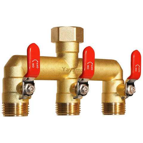 Yayamz heavy-duty brass garden hose splitter 3-way shown for versatile outdoor watering