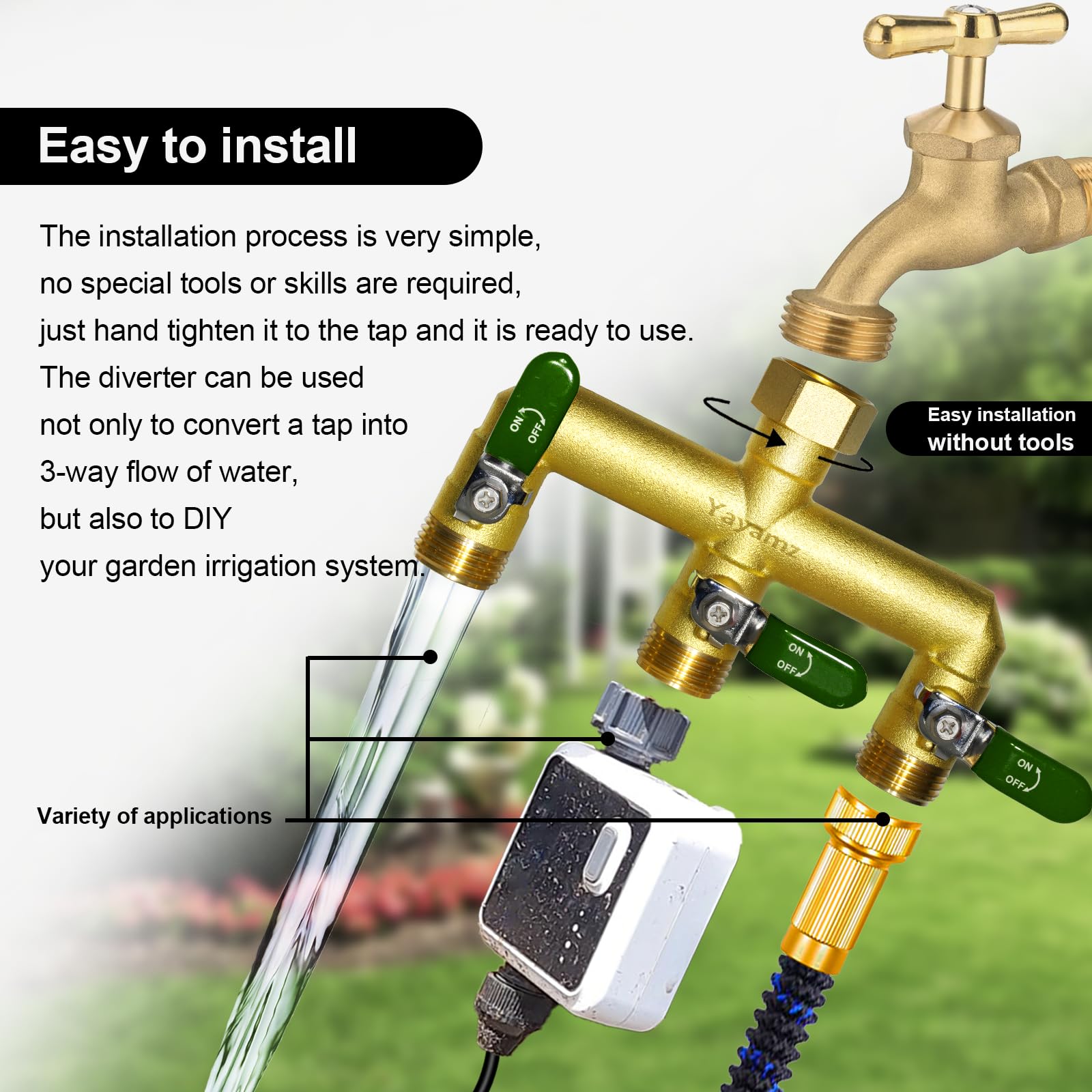 Yayamz outdoor installation provides sturdy faucet connections for gardens.