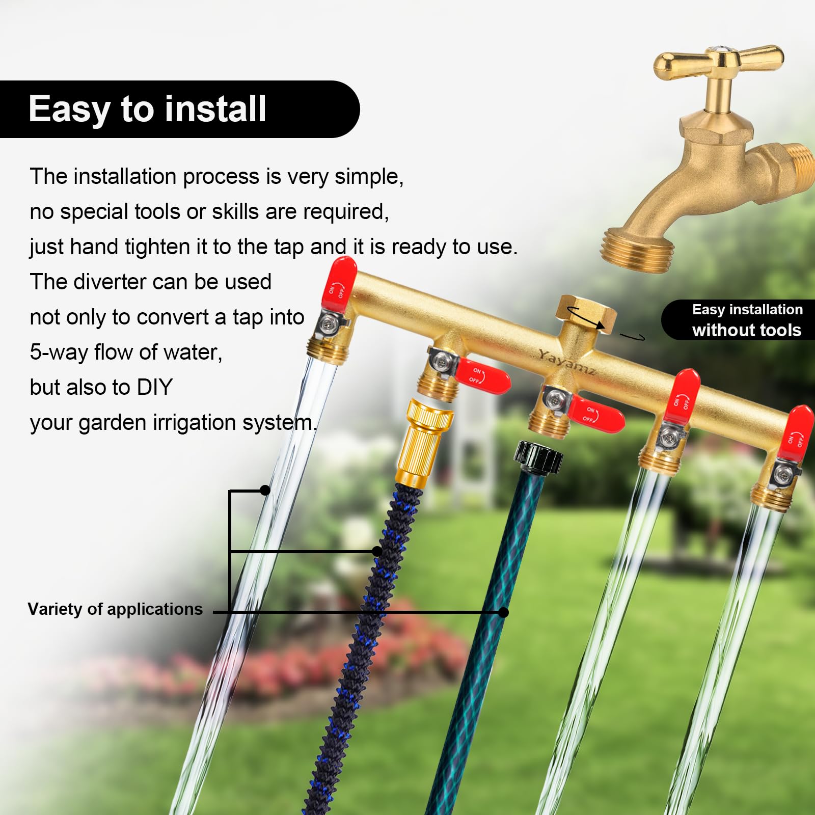 Yayamz UV-resistant brass body resists sun exposure for exterior watering tasks.