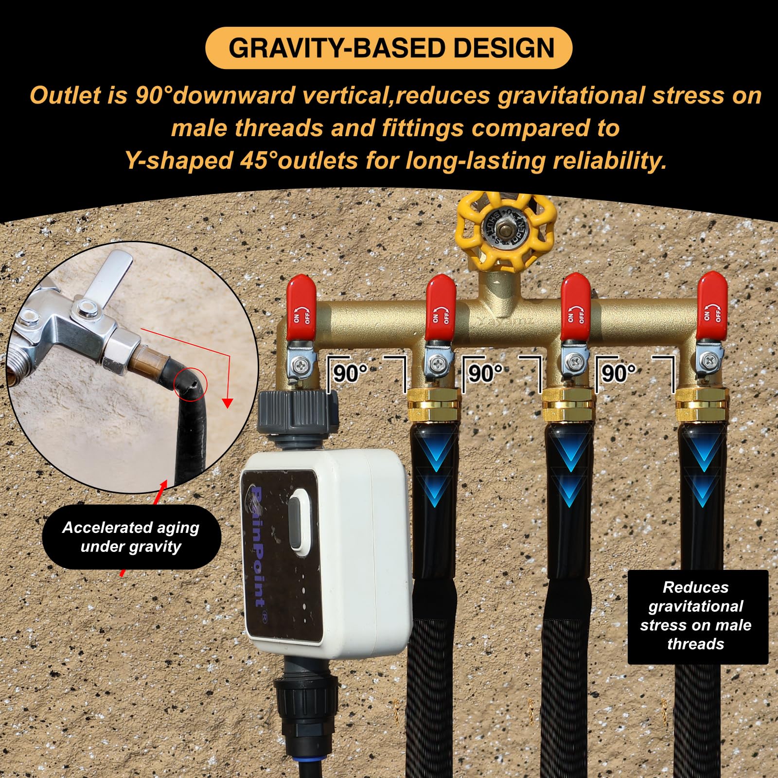 Yayamz UV resistant brass body stands up to sun and hard water outdoors.