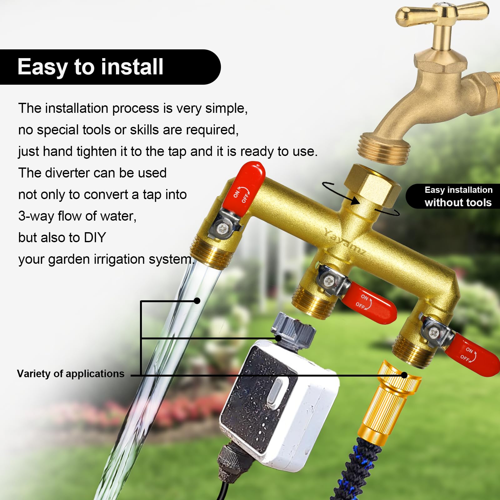 Yayamz weather-resistant brass splitter ready for year-round garden use