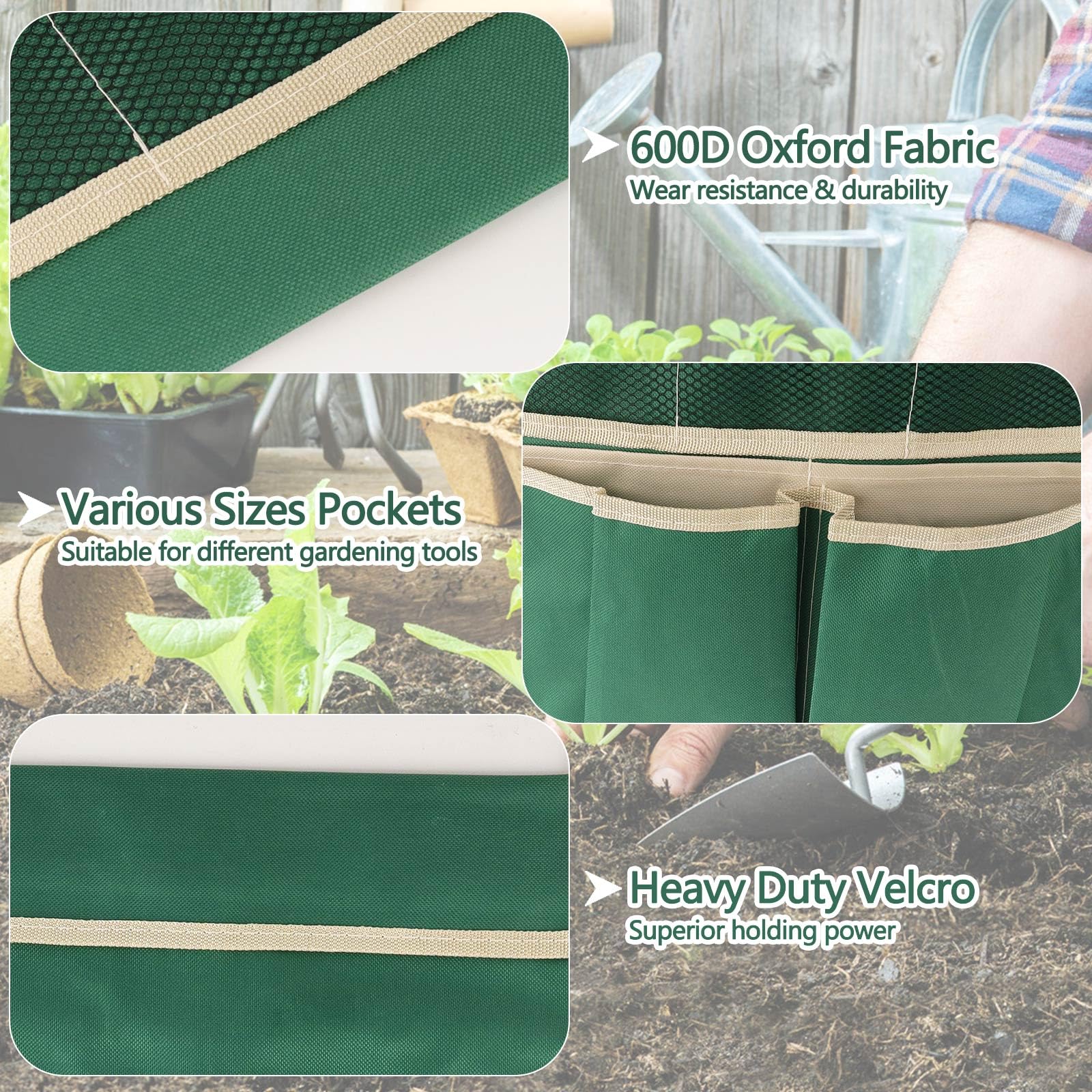 YBB kneeler attachment keeps spades and gloves within reach.