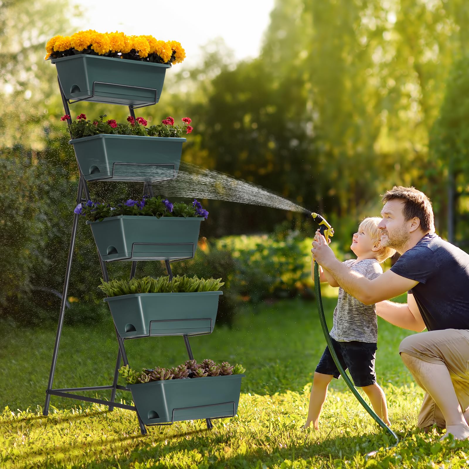 Gray color option of the YBING 5-tier garden bed outdoors