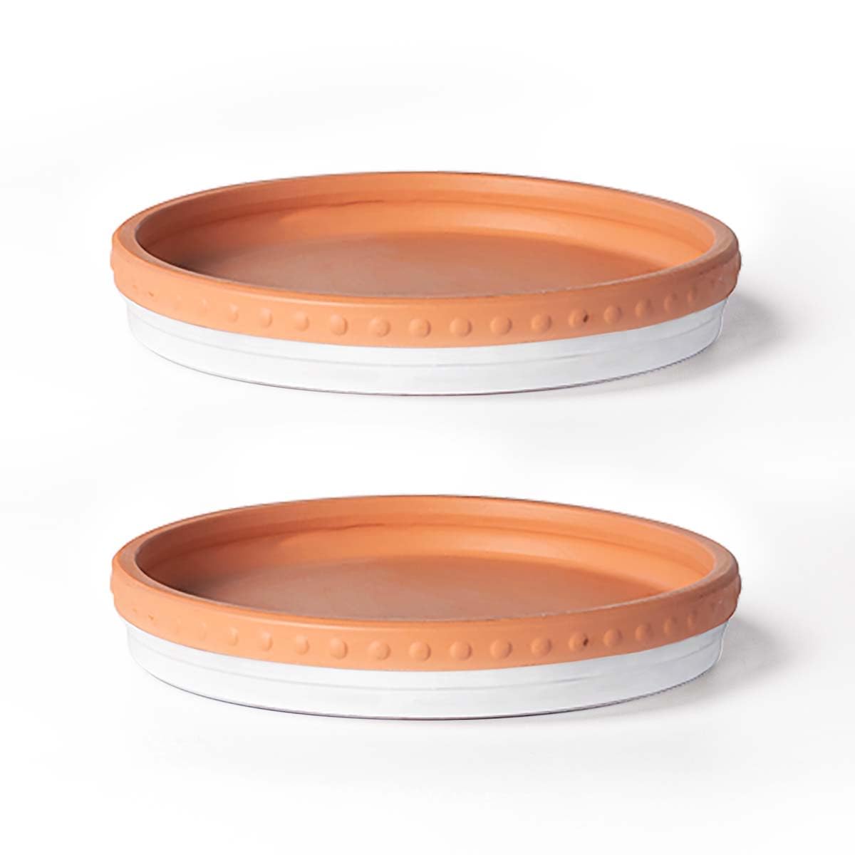 YBX 8-inch plant saucer two-pack in white terracotta protects indoor surfaces from water.