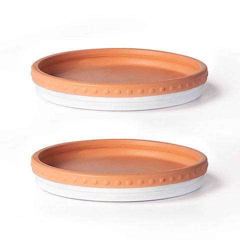 YBX 8-inch plant saucer two-pack in white terracotta protects indoor surfaces from water.