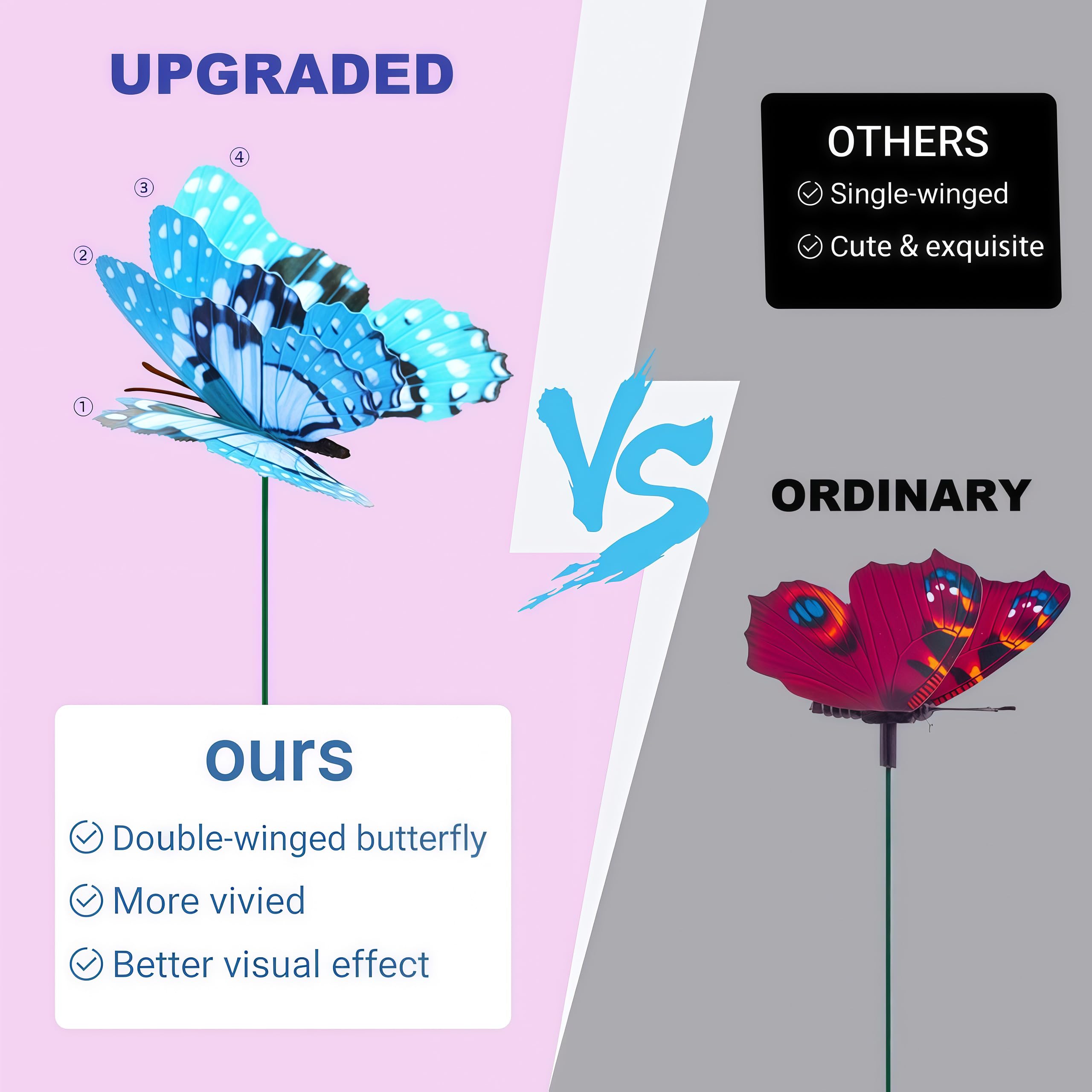 Waterproof PVC butterfly stake withstands rain and sun for outdoor display.