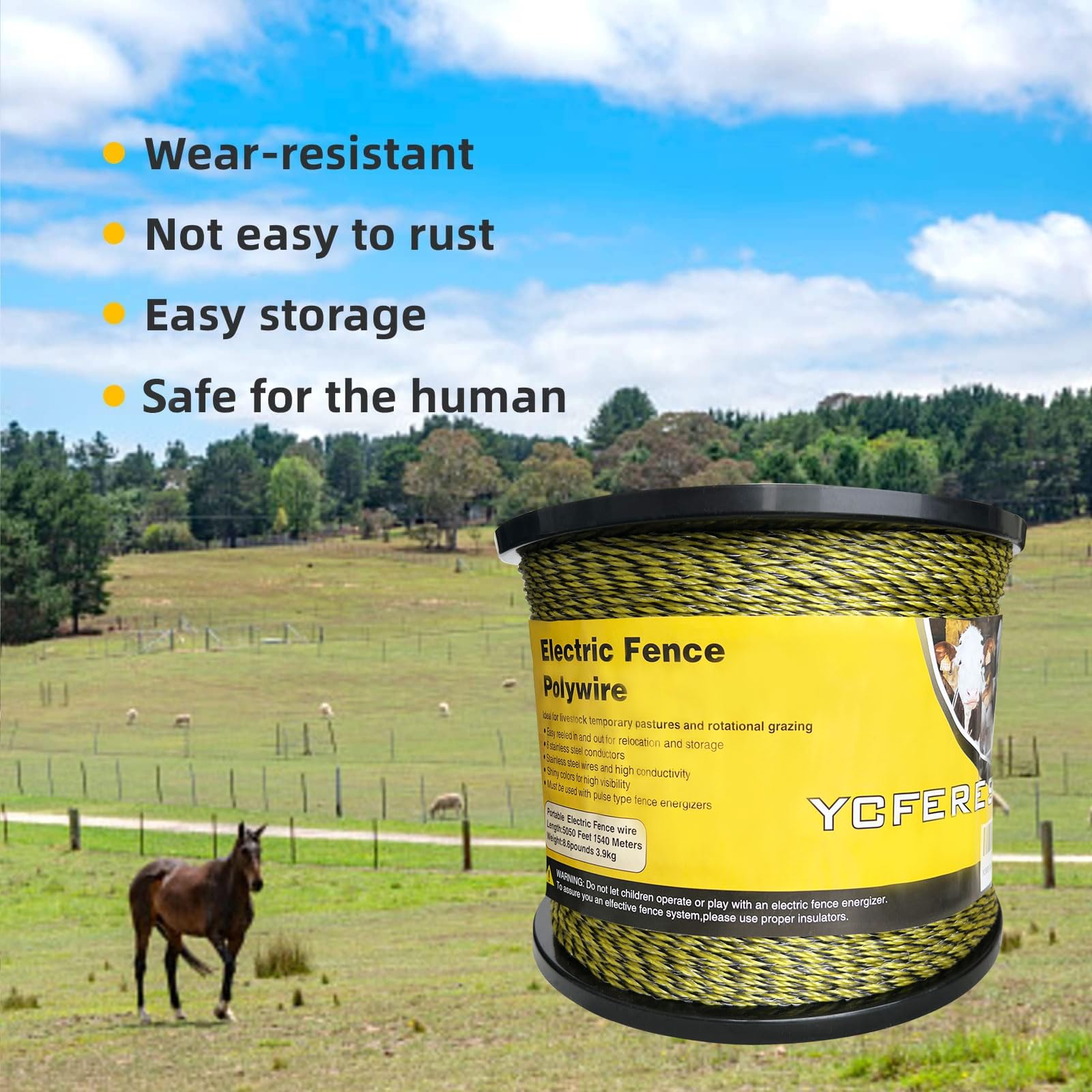 YCFERESY bright polywire enhances visibility to deter animals and accidental contact.