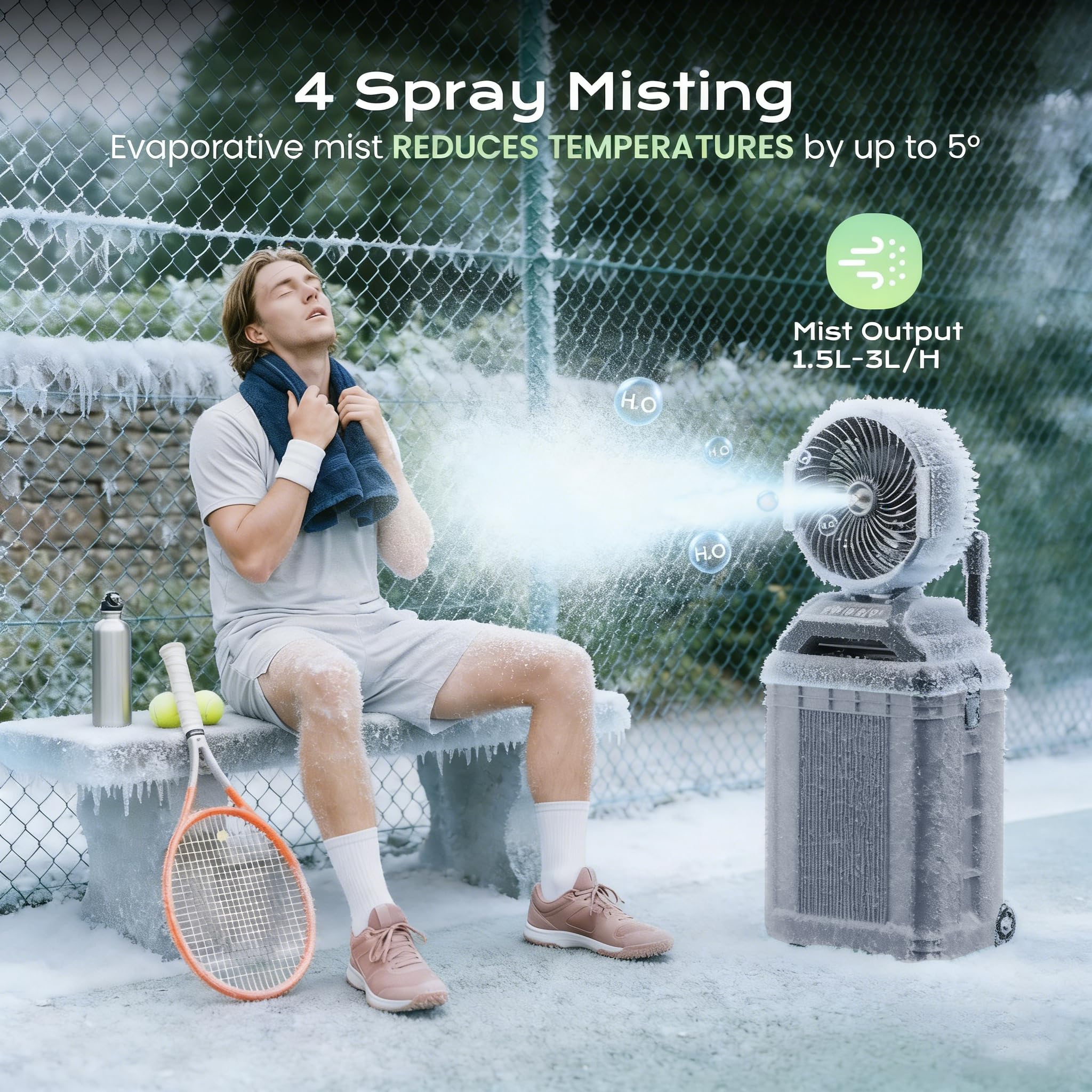 YDCBRIRAY misting fan with retractable handle and wheels for travel.