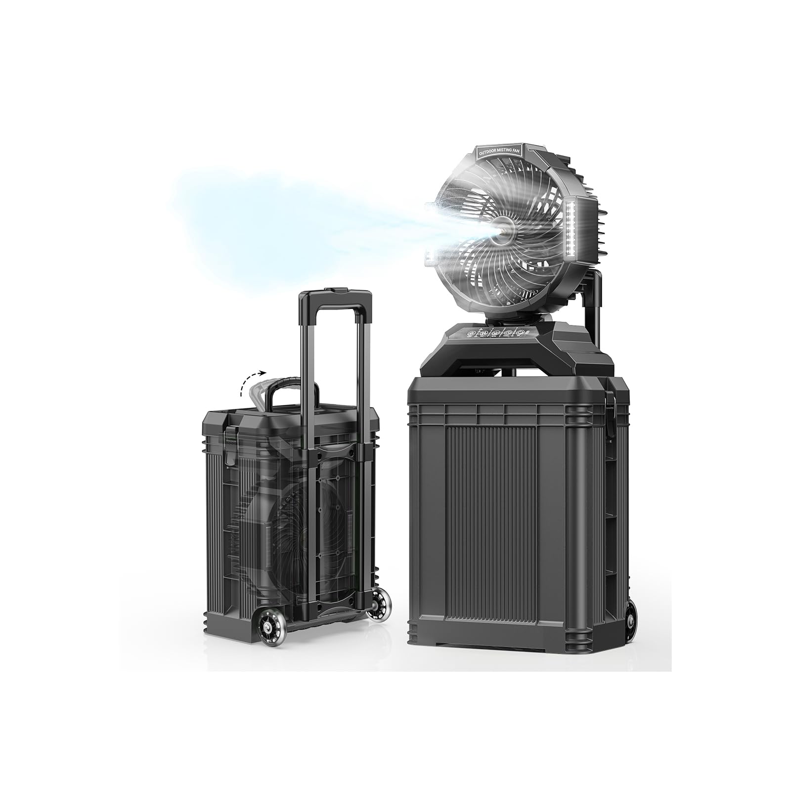 YDCBRIRAY bucket misting fan with 4-gallon tank for long outdoor cooling.