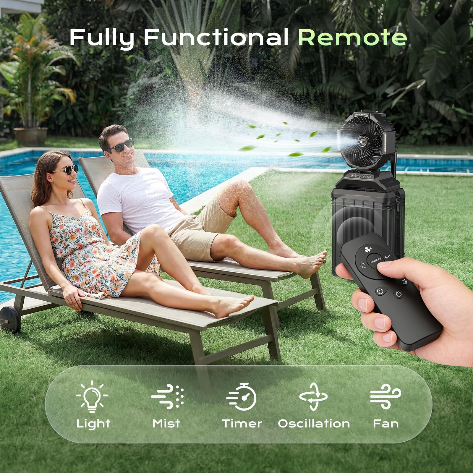 YDCBRIRAY remote-controlled misting fan suitable for patios and beaches.