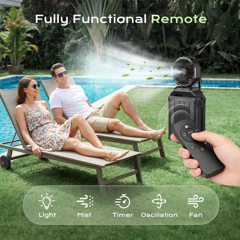 YDCBRIRAY remote-controlled misting fan suitable for patios and beaches.