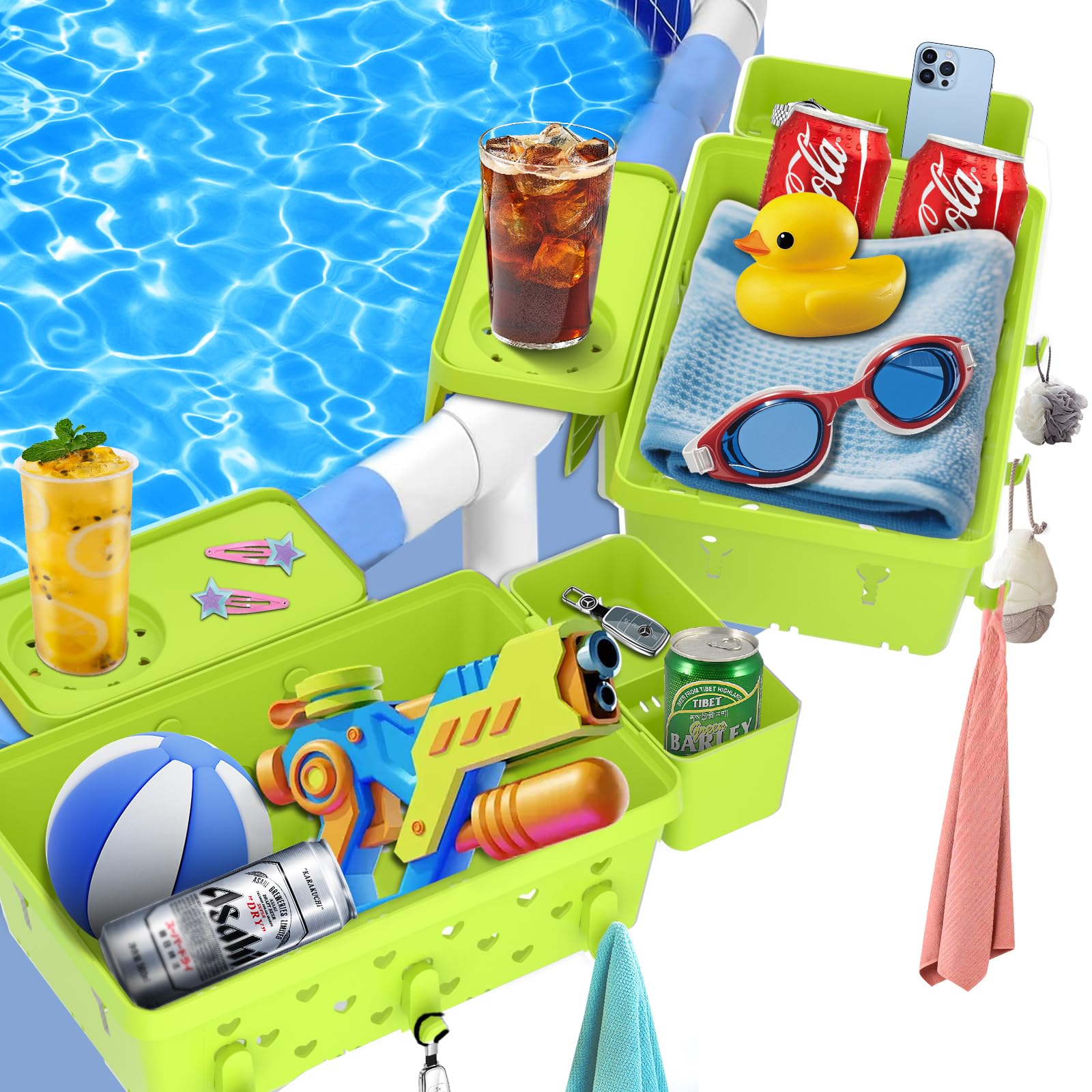 YDHZ poolside storage basket with cup holders for drinks within reach.