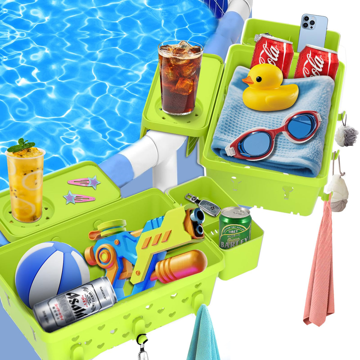 YDHZ poolside storage basket with cup holders for drinks within reach.