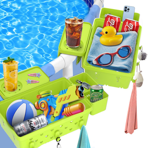 YDHZ poolside storage basket with cup holders for drinks within reach.