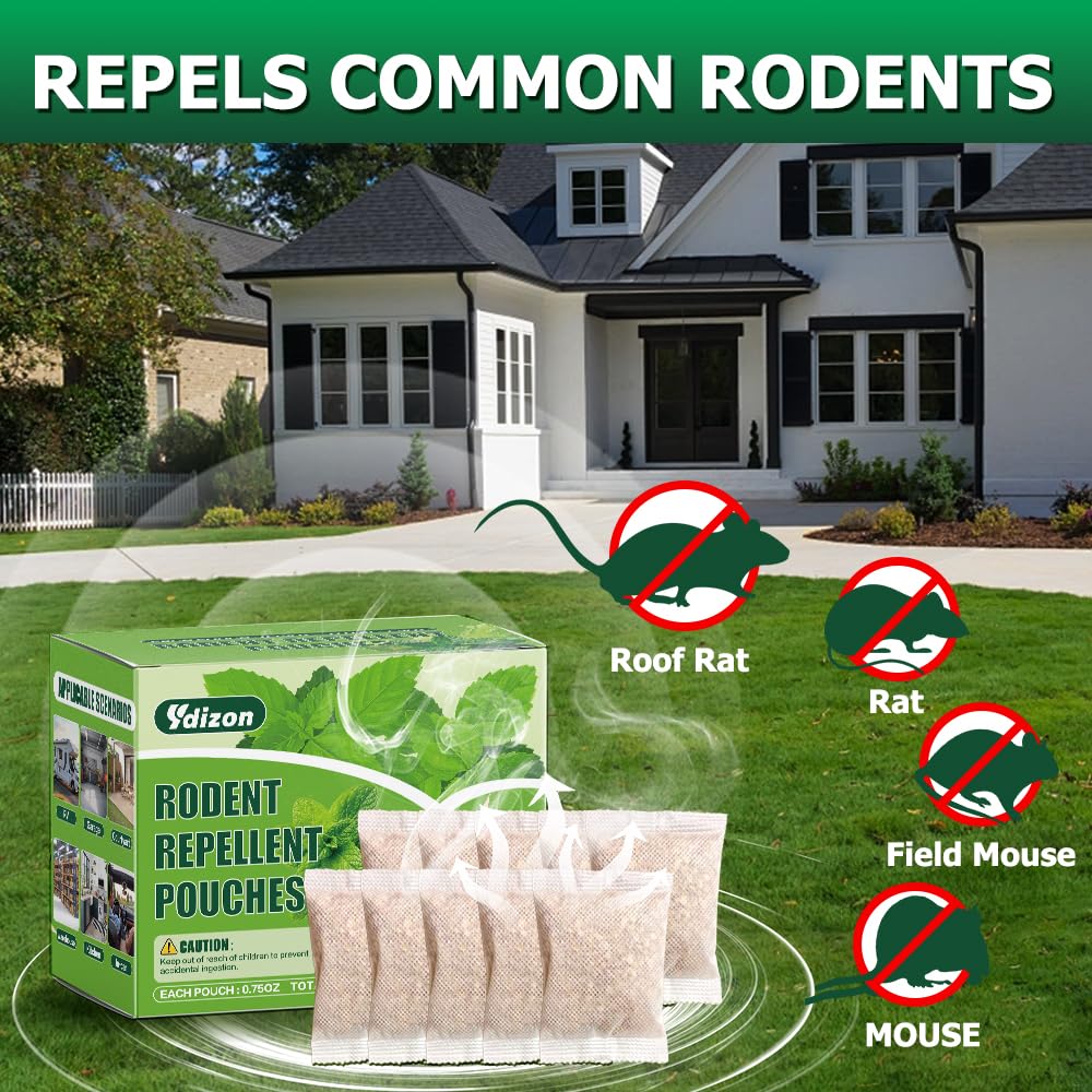 Ydizon plant-based rodent deterrent pouch promotes a fresh peppermint scent for garages