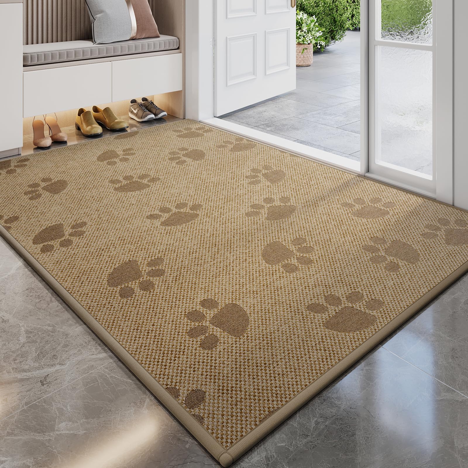 YDKGL door mat with a low-profile paw print that fits under doors and traps dirt.