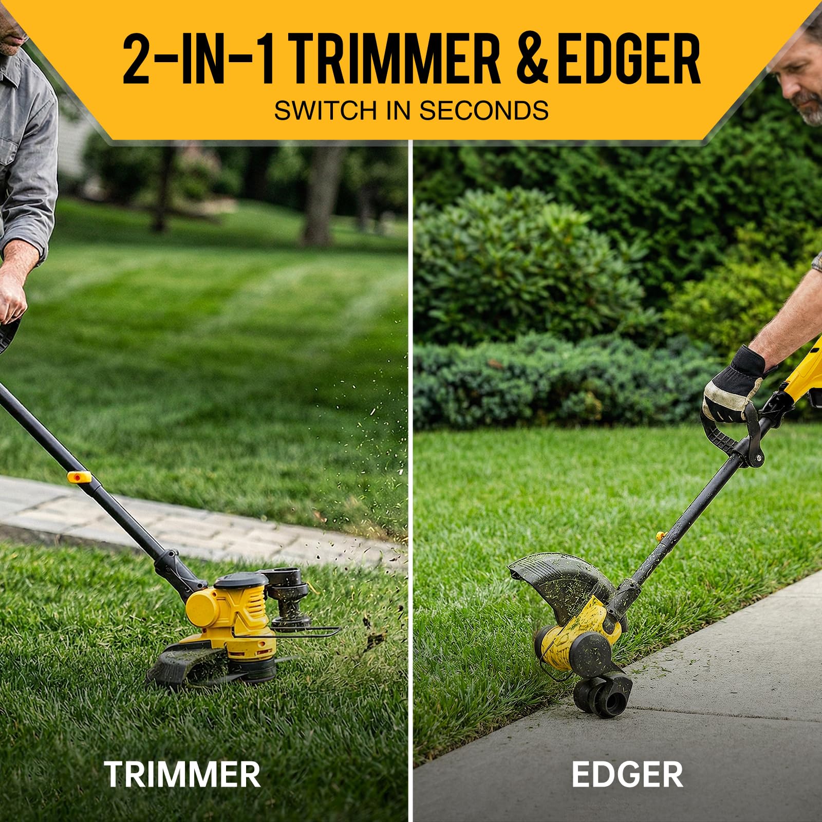 YDLawn pivoting head enables precise edging around beds and sidewalks.