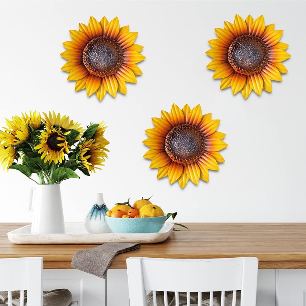 YEAHOME sunflower wall art closeup yellow petals highlighting 3D metal texture for focal wall display.