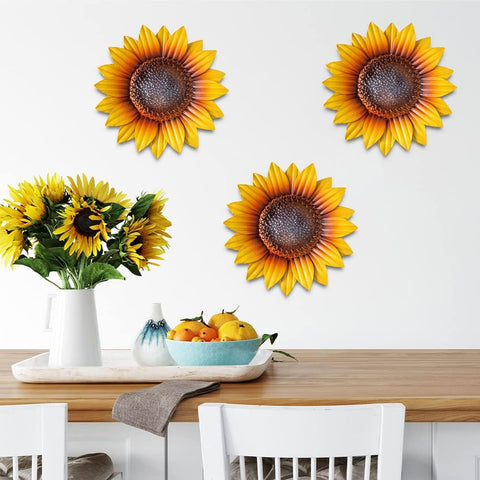 YEAHOME sunflower wall art closeup yellow petals highlighting 3D metal texture for focal wall display.