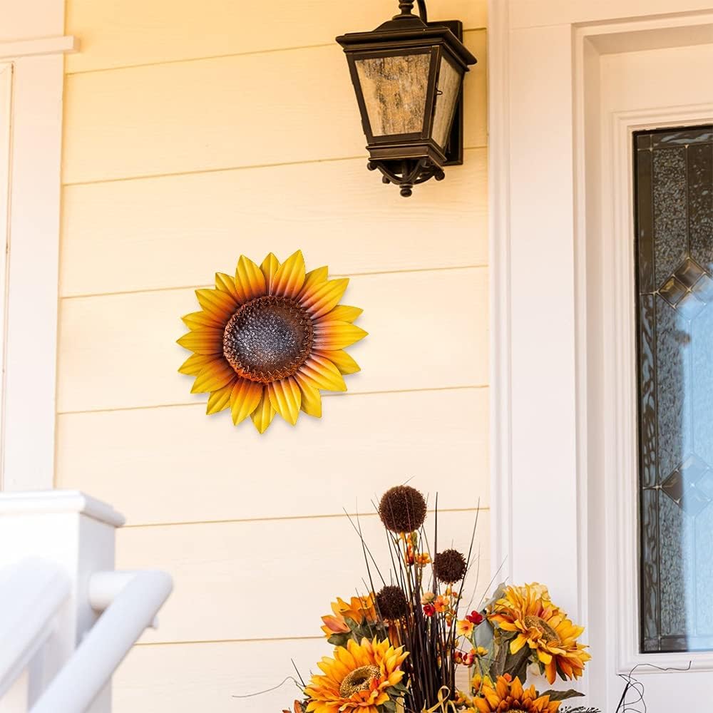YEAHOME 3D metal sculpture sunflowers adding dimensional appeal to fence or patio decor.