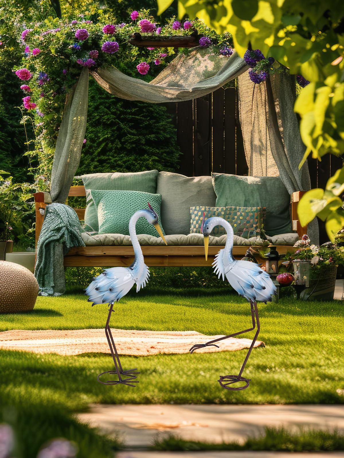 YEAHOME blue crane yard statue back view suits multi-angle viewing in patios.