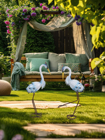 YEAHOME blue crane yard statue back view suits multi-angle viewing in patios.