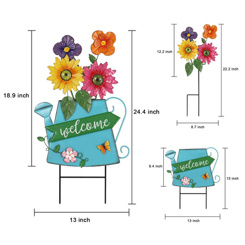 Detachable watering can and flowers allow flexible, space-saving decorating.